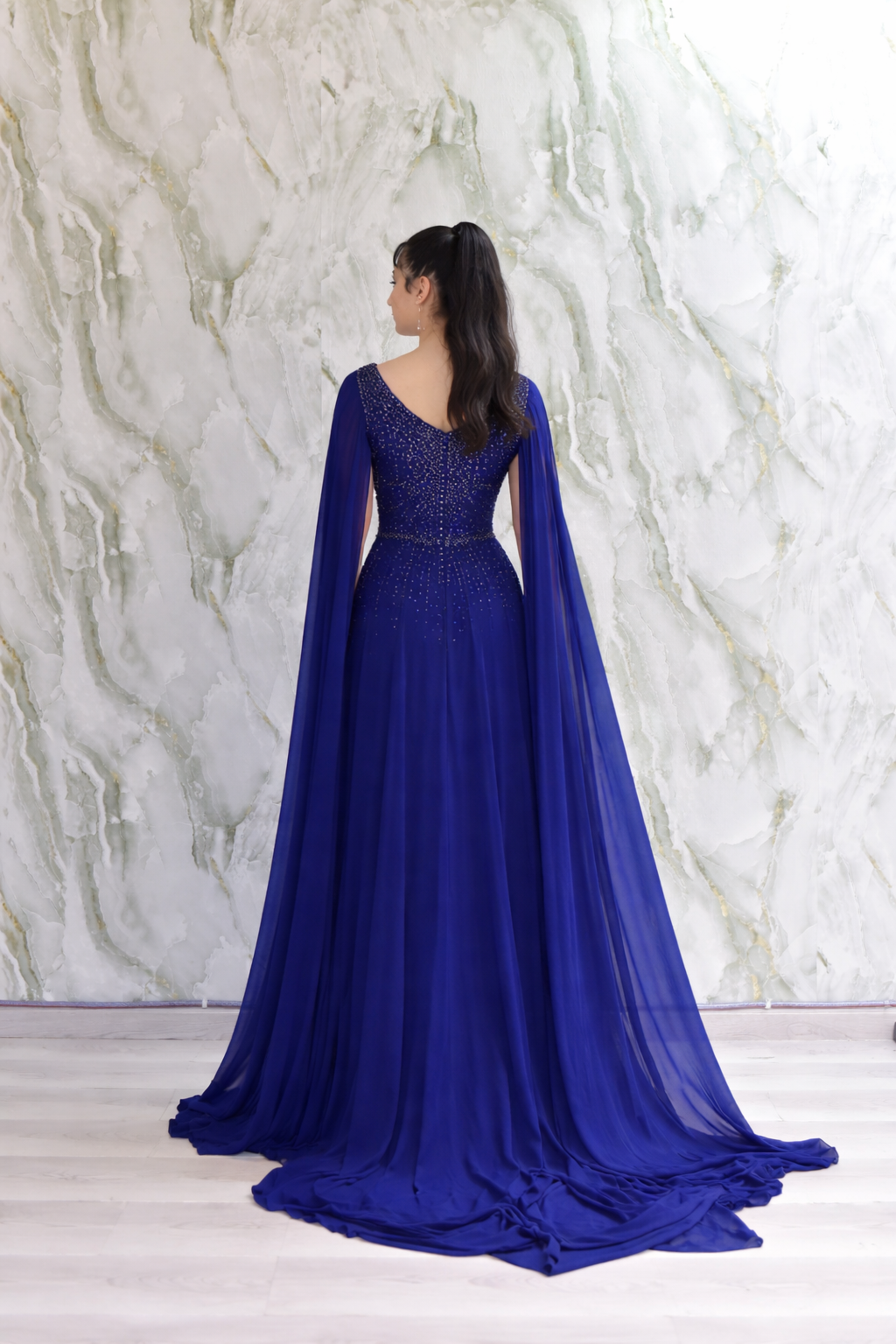 Royal Blue Embellished Cape Gown