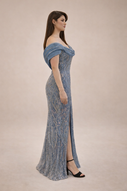 Off-Shoulder Embellished Evening Gown