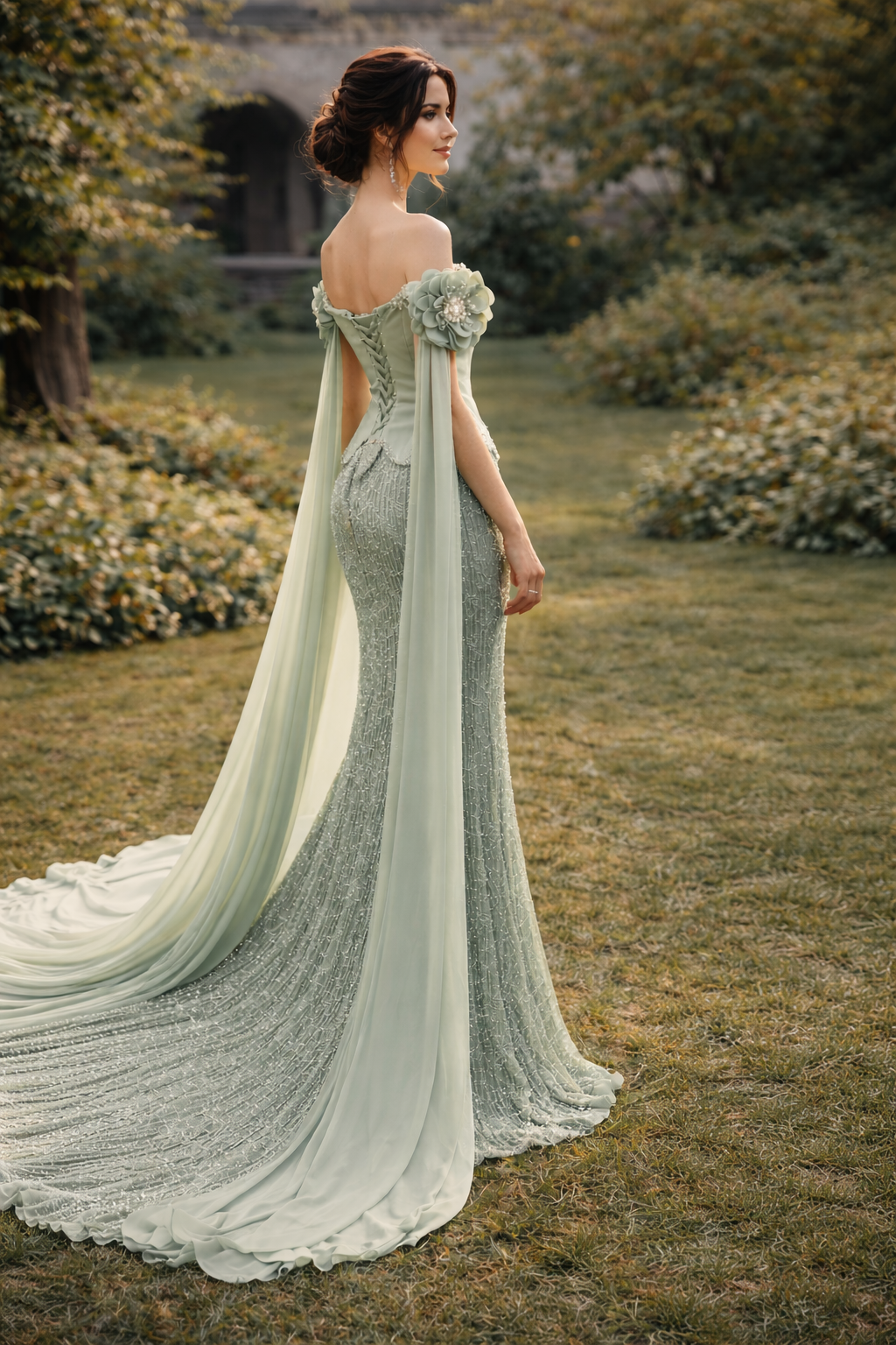 Elegant Evening Gown with Floral Shoulder Details