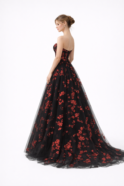 Black & Red Floral Couture Gown