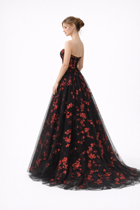 Black & Red Floral Couture Gown