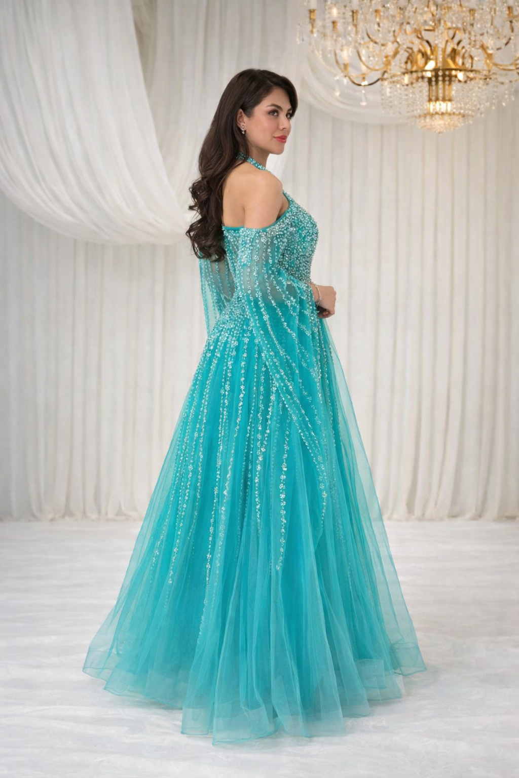 Turquoise Embellished Halter Neck Evening Gown