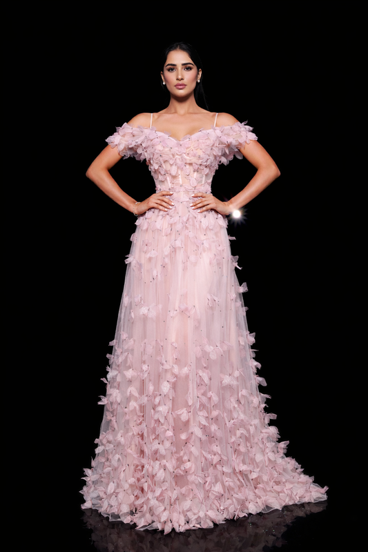 Blush Floral Evening Gown – Elegant Off-Shoulder Tulle Dress