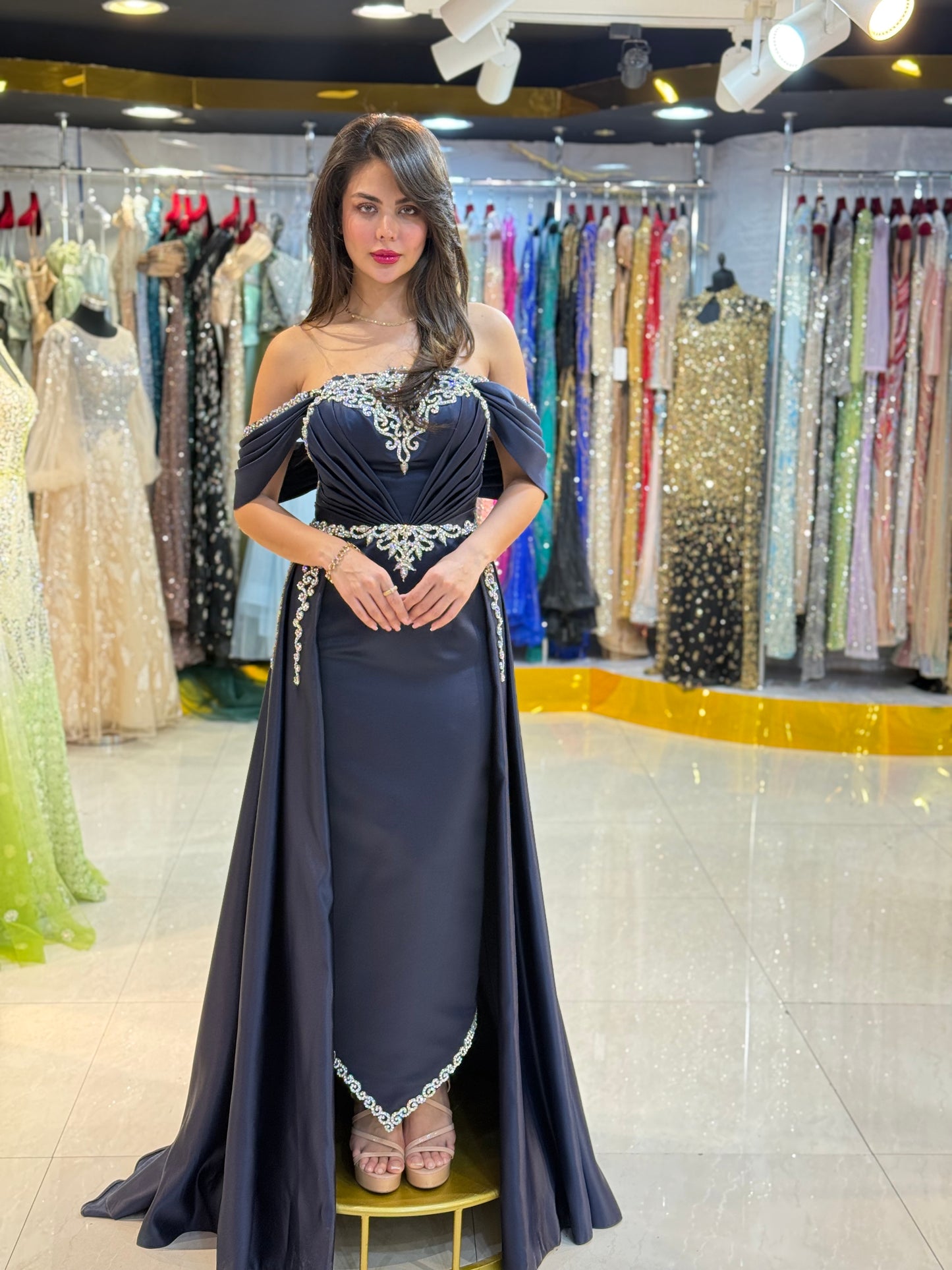 Navy Blue Crystal Embellished Off-Shoulder Evening Gown