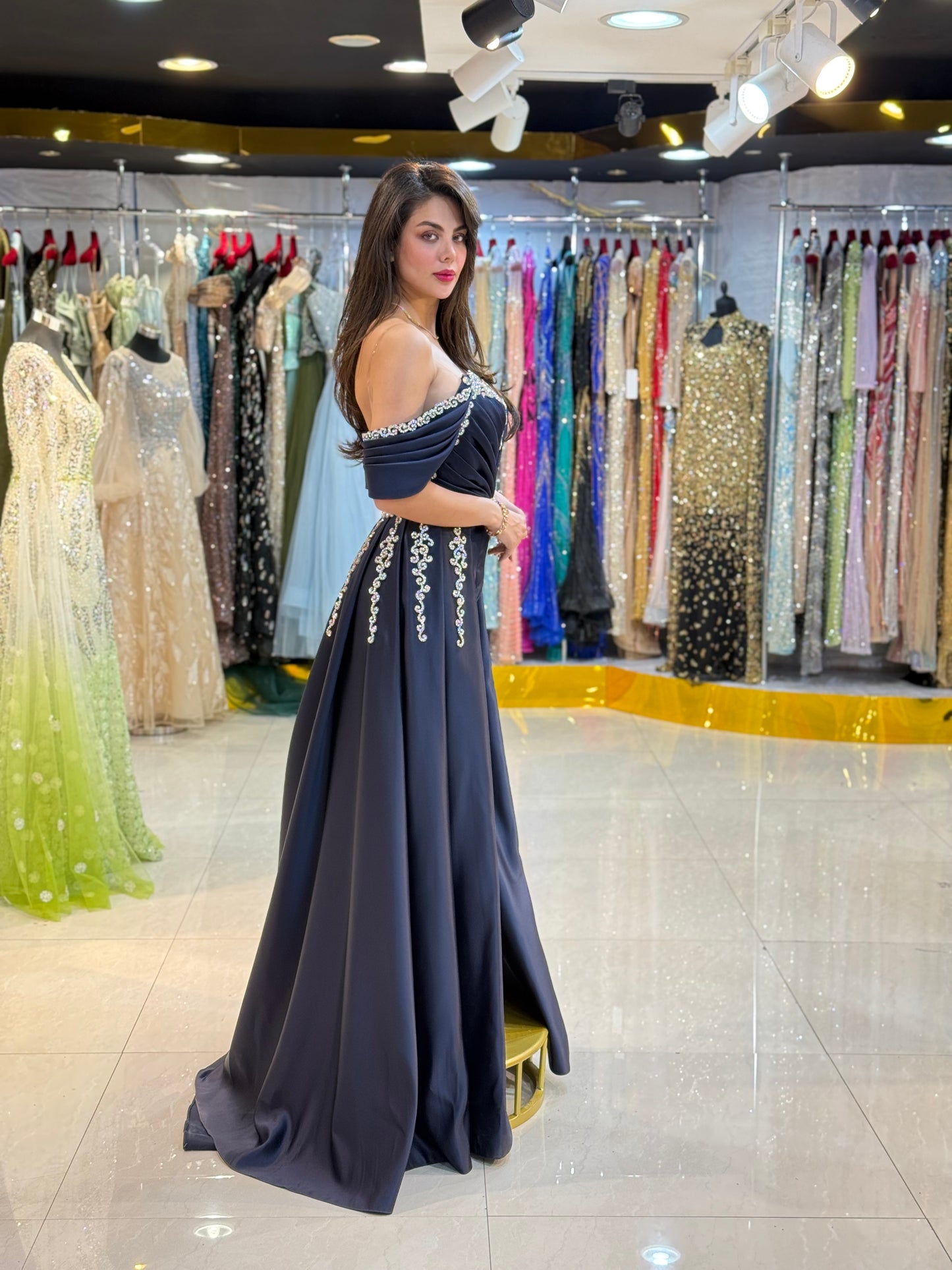 Navy Blue Crystal Embellished Off-Shoulder Evening Gown