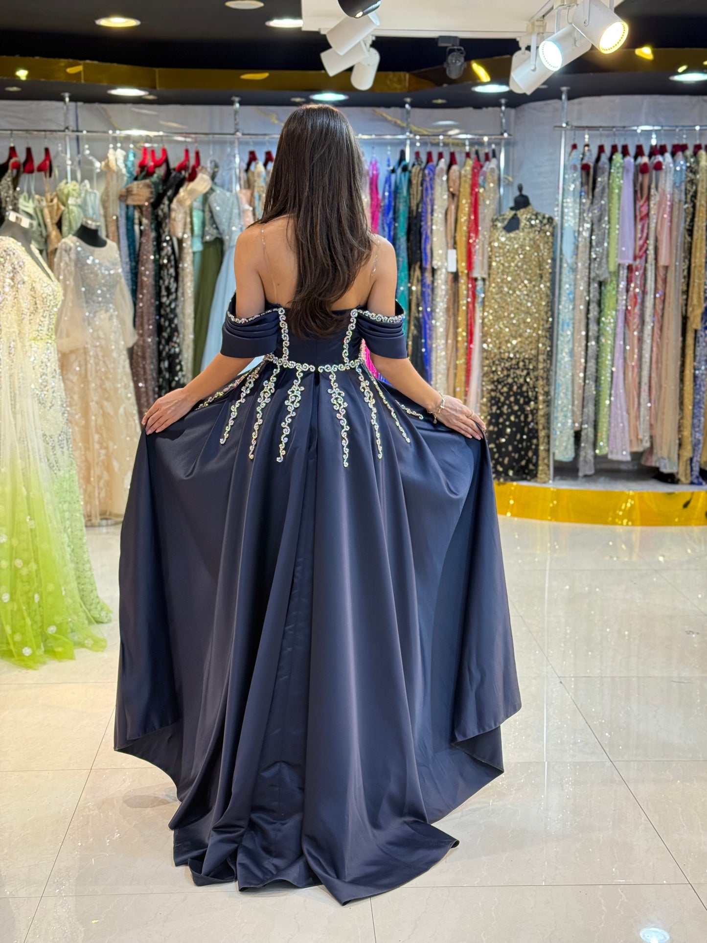 Navy Blue Crystal Embellished Off-Shoulder Evening Gown