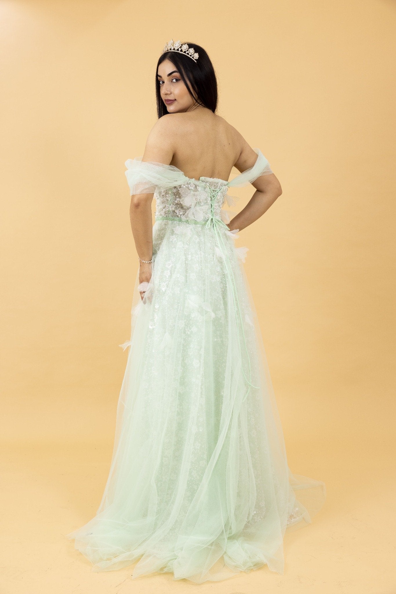 Mint Green Off-Shoulder Embellished Tulle Ball Gown