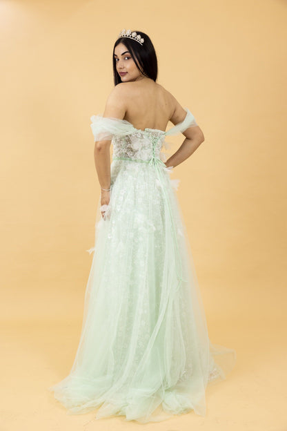 Mint Green Off-Shoulder Embellished Tulle Ball Gown
