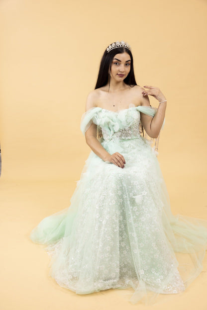 Mint Green Off-Shoulder Embellished Tulle Ball Gown