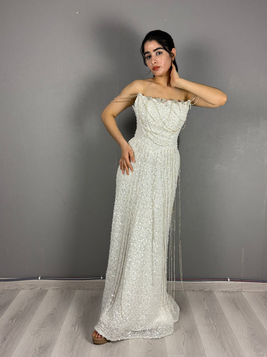 Crystal Draped Off-Shoulder Evening Gown