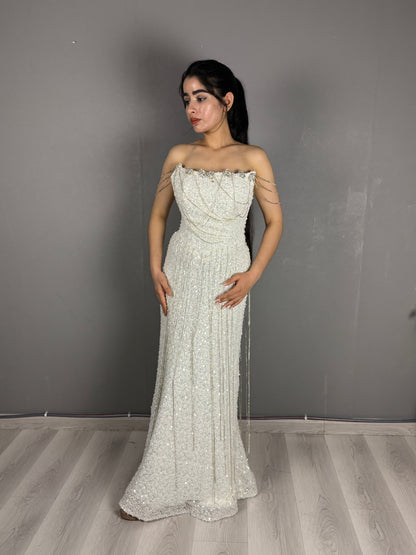 Crystal Draped Off-Shoulder Evening Gown