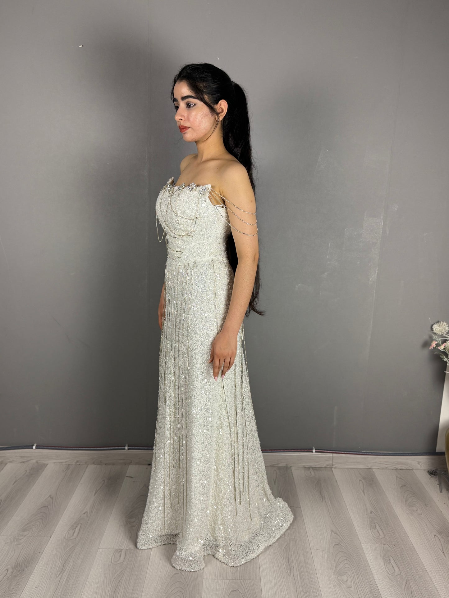 Crystal Draped Off-Shoulder Evening Gown