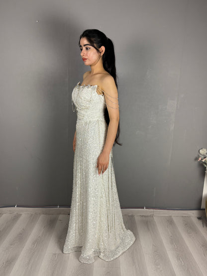 Crystal Draped Off-Shoulder Evening Gown