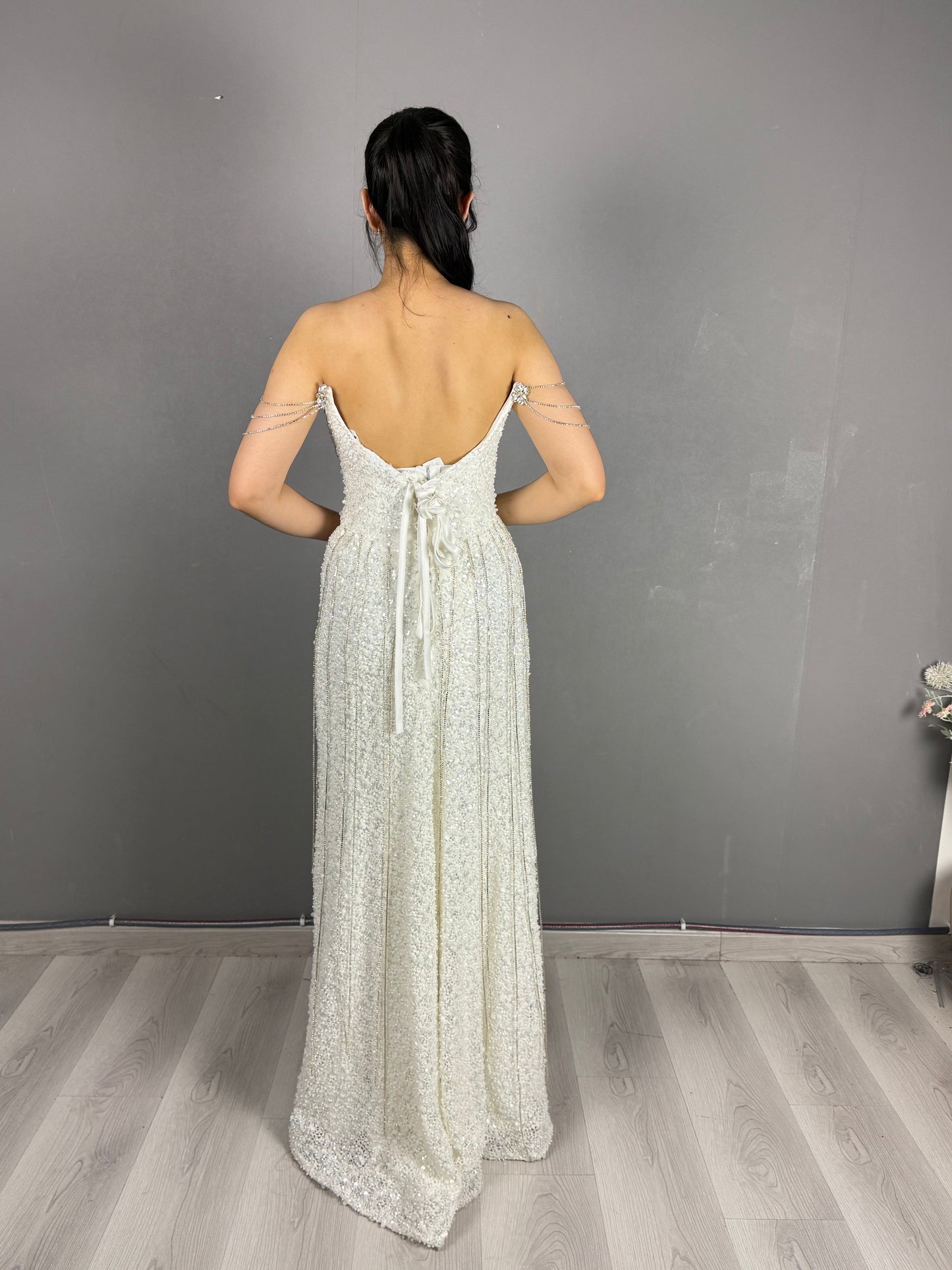 Crystal Draped Off-Shoulder Evening Gown