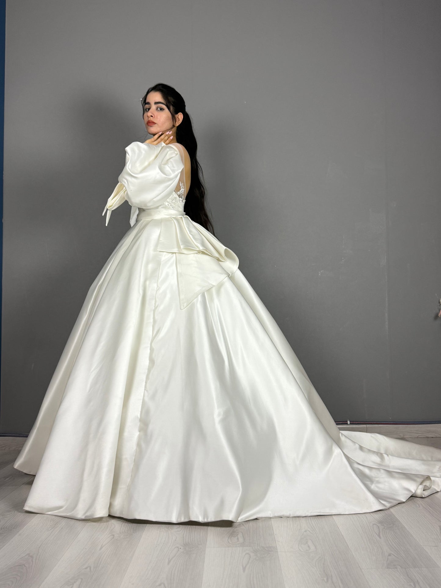 Satin Puff Sleeve Bridal Ball Gown