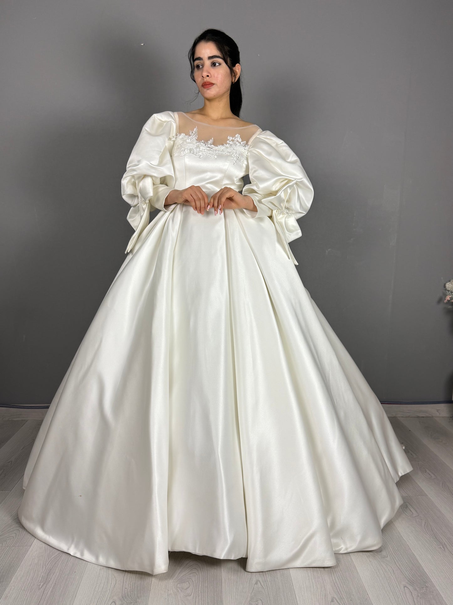 Satin Puff Sleeve Bridal Ball Gown