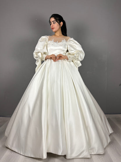 Satin Puff Sleeve Bridal Ball Gown