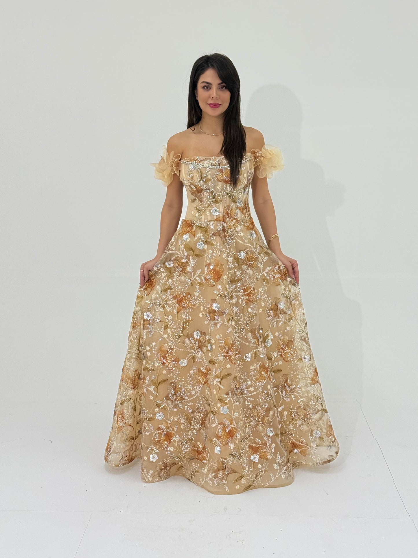 Elegant off-shoulder floral embroidered