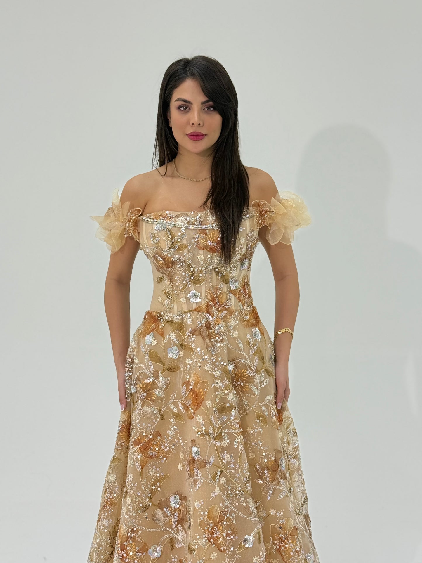 Elegant off-shoulder floral embroidered