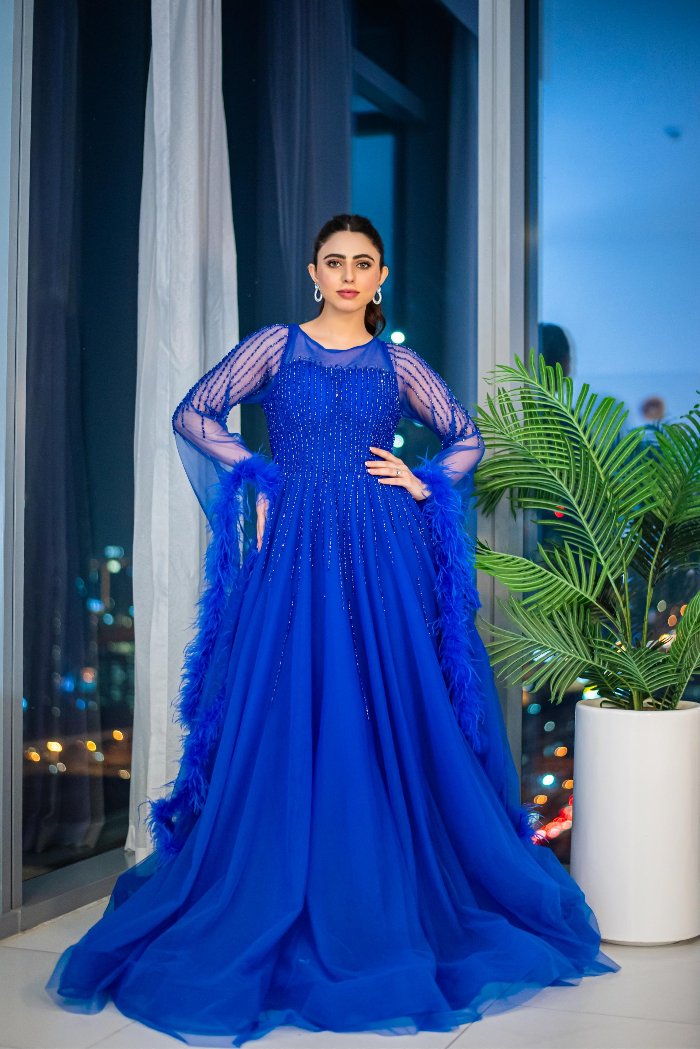 ROYAL SAPPHIRE FEATHERED GOWN