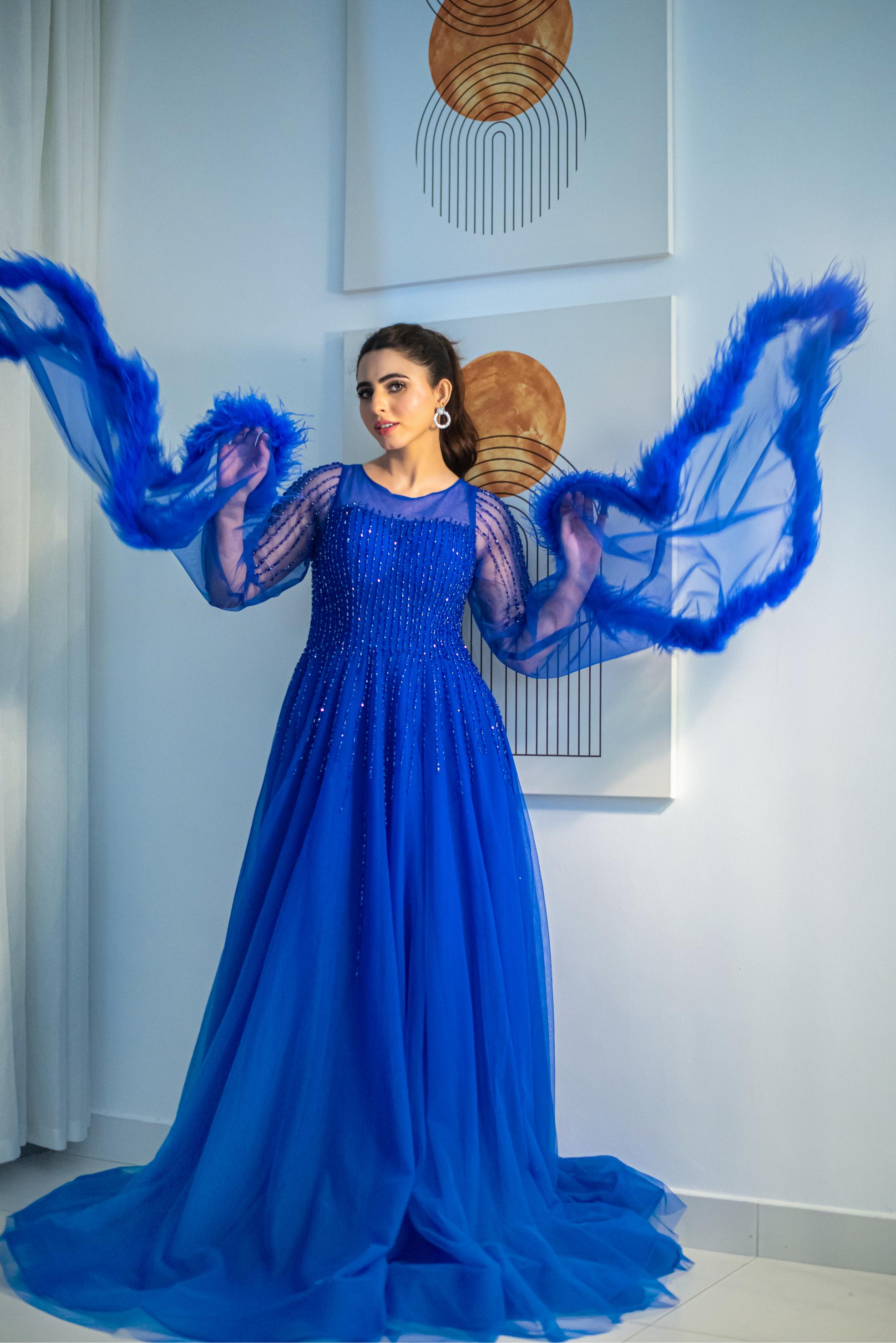 Royal Sapphire Blue Feathered Gown