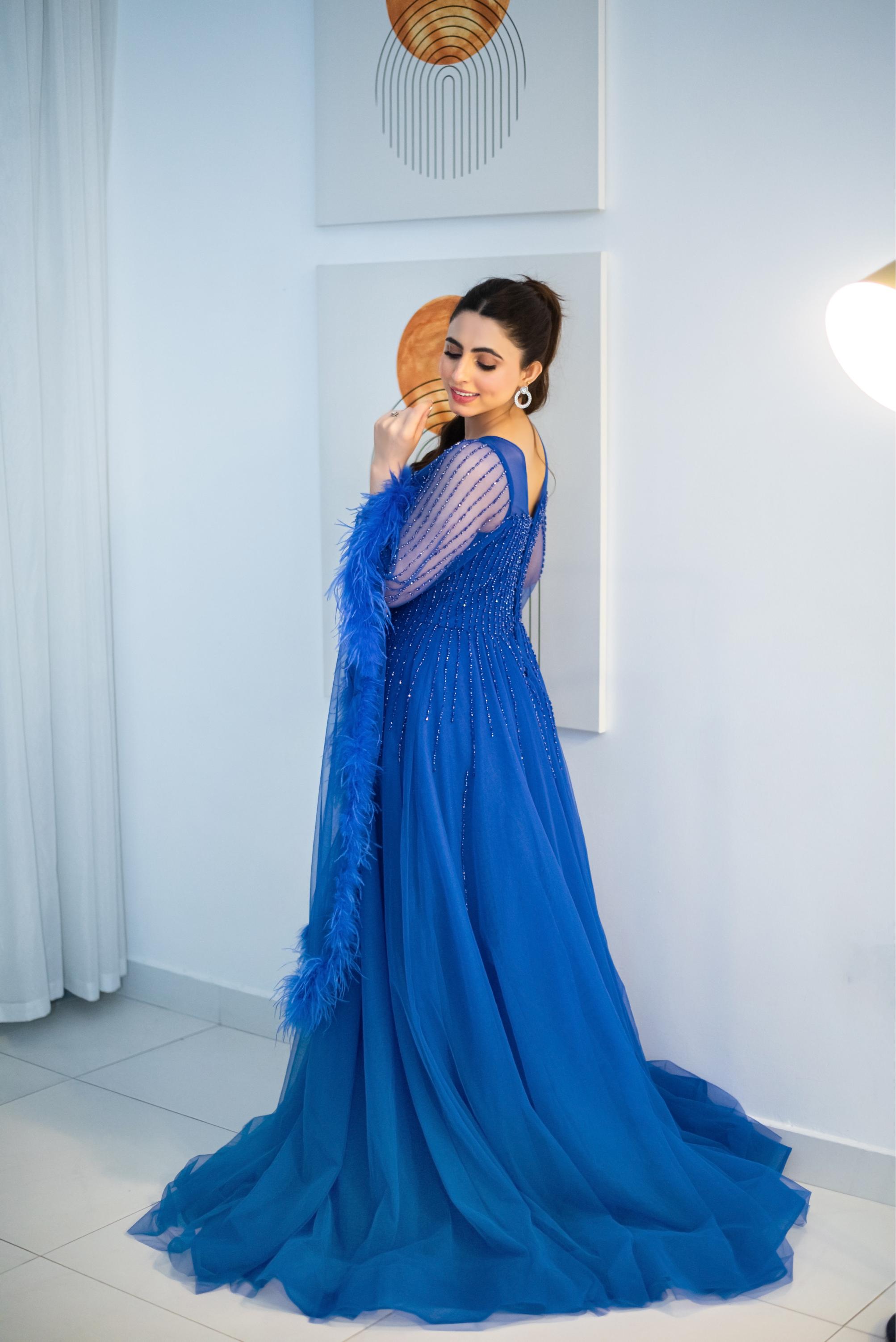 Royal Sapphire Blue Feathered Gown