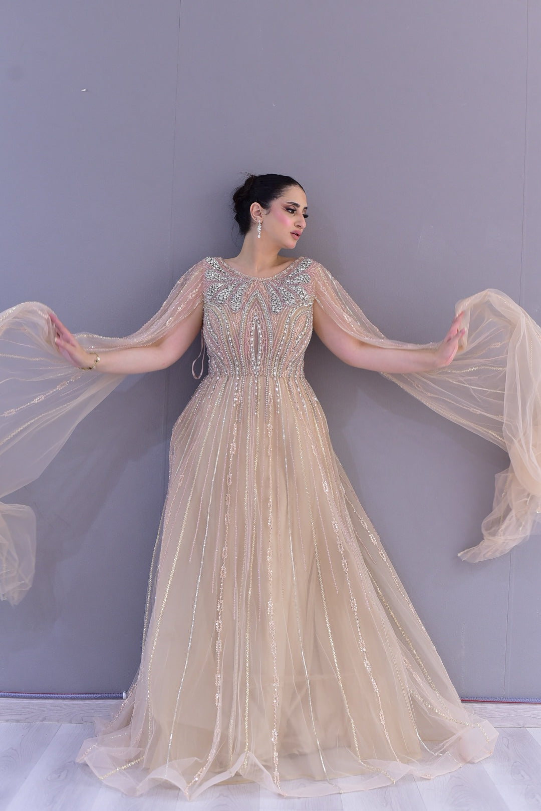 Champagne Embellished Cape Gown – Elegant Evening