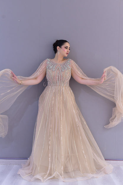 Champagne Embellished Cape Gown – Elegant Evening