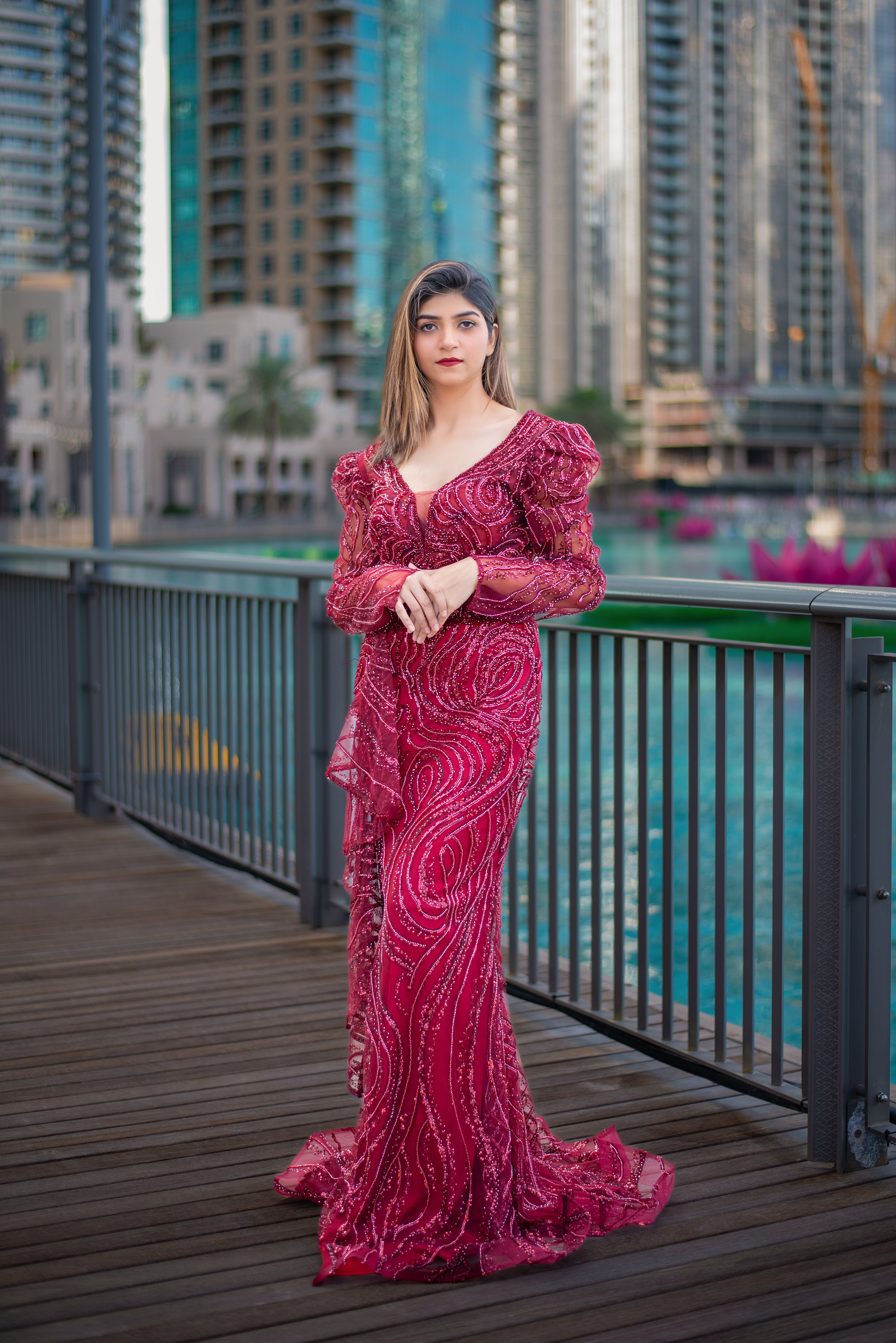 Elegance in Crimson Gown