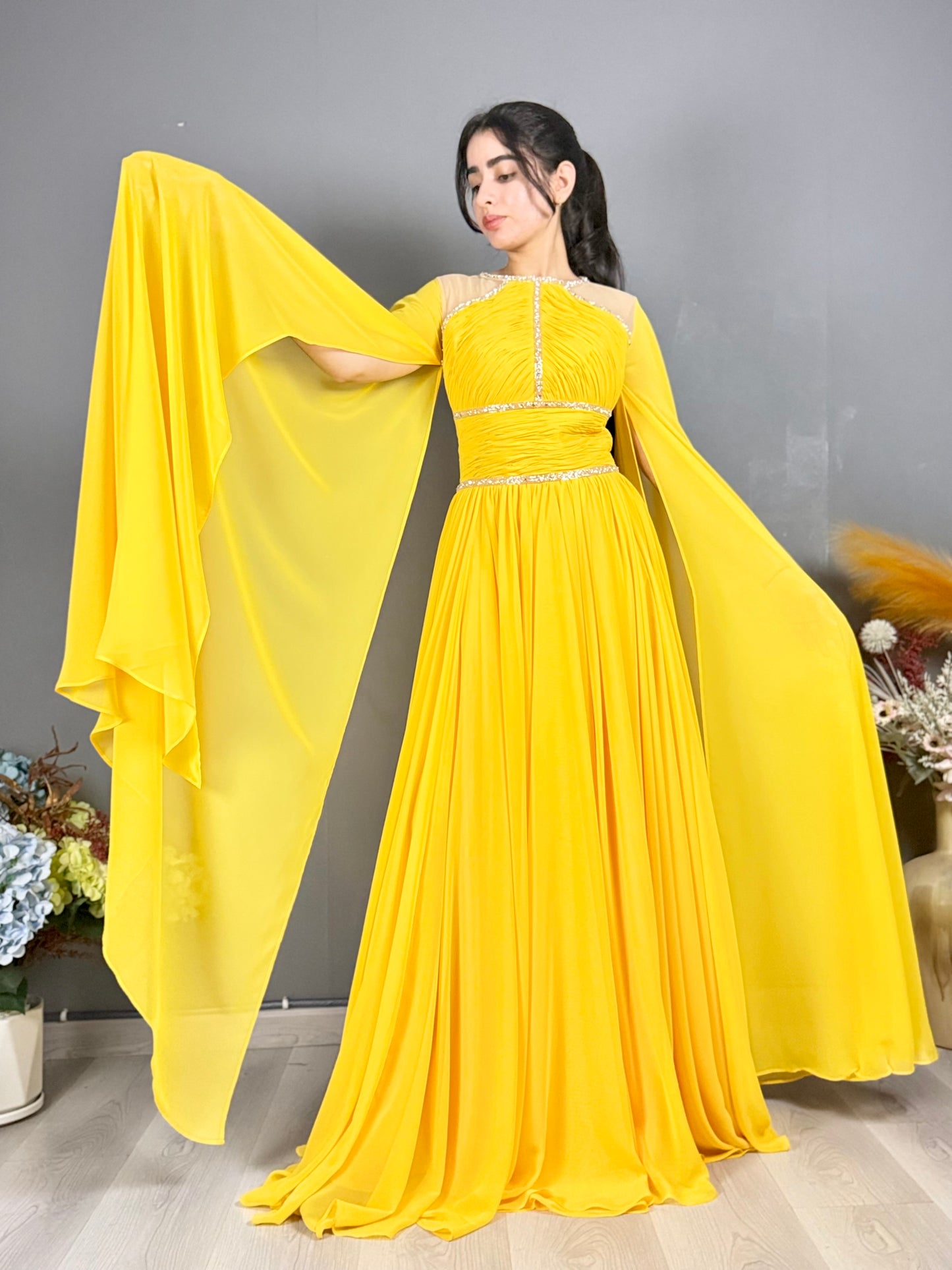 Luxury Yellow Pleated Gown