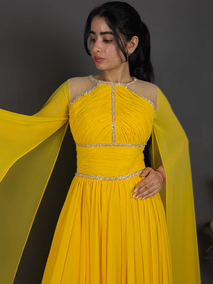 Luxury Yellow Pleated Gown