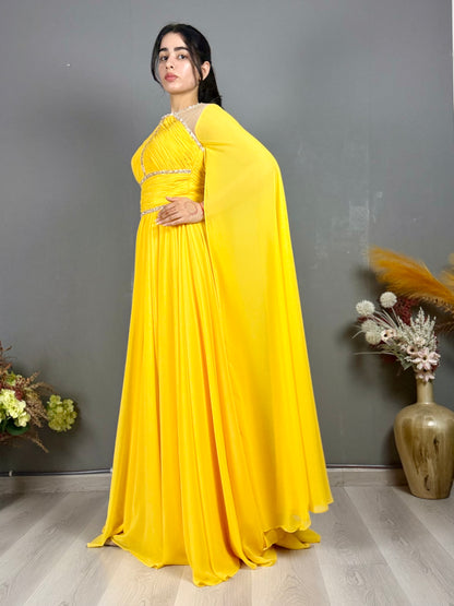 Luxury Yellow Pleated Gown