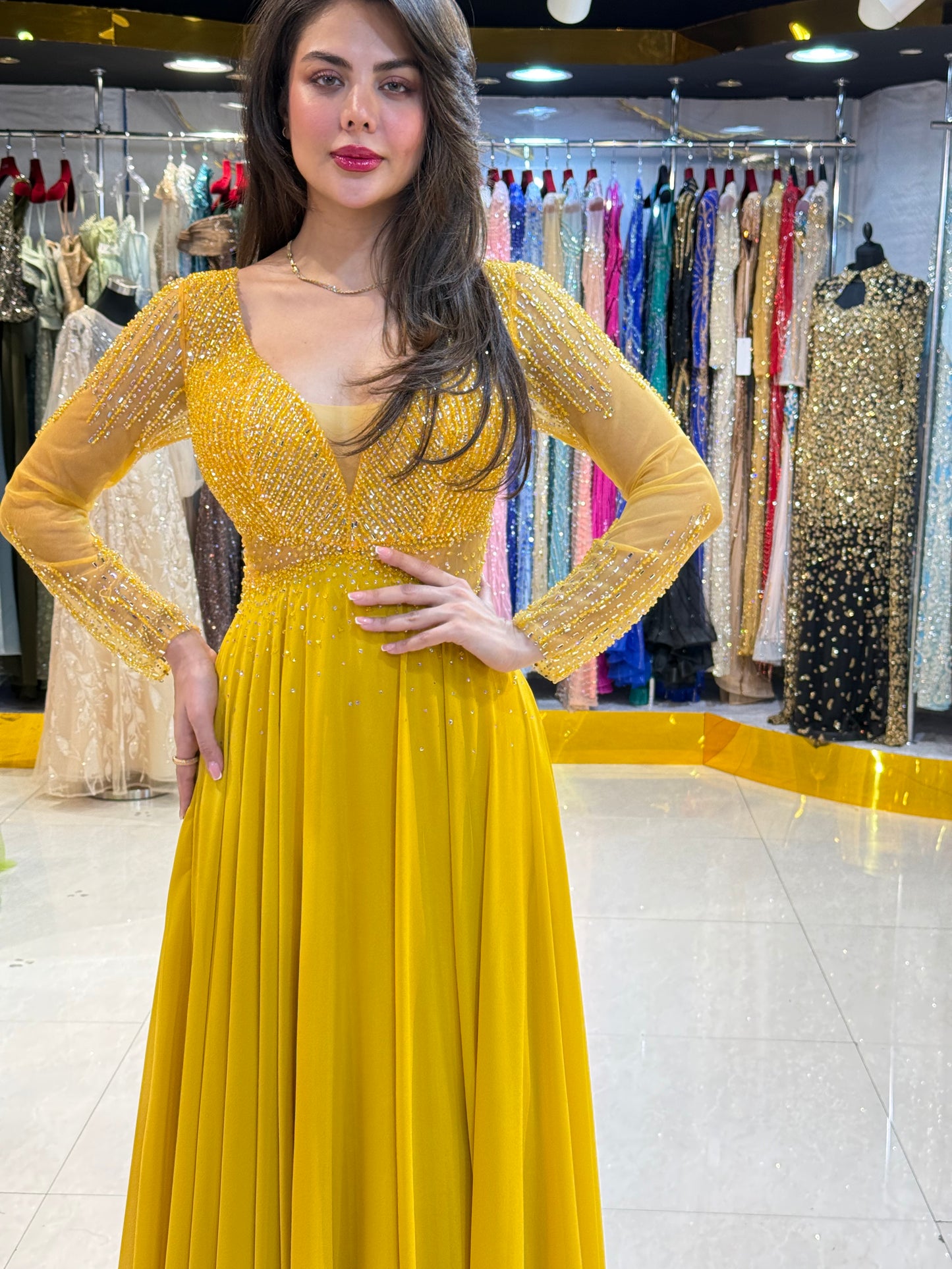 Embellished Long Sleeve Evening Gown