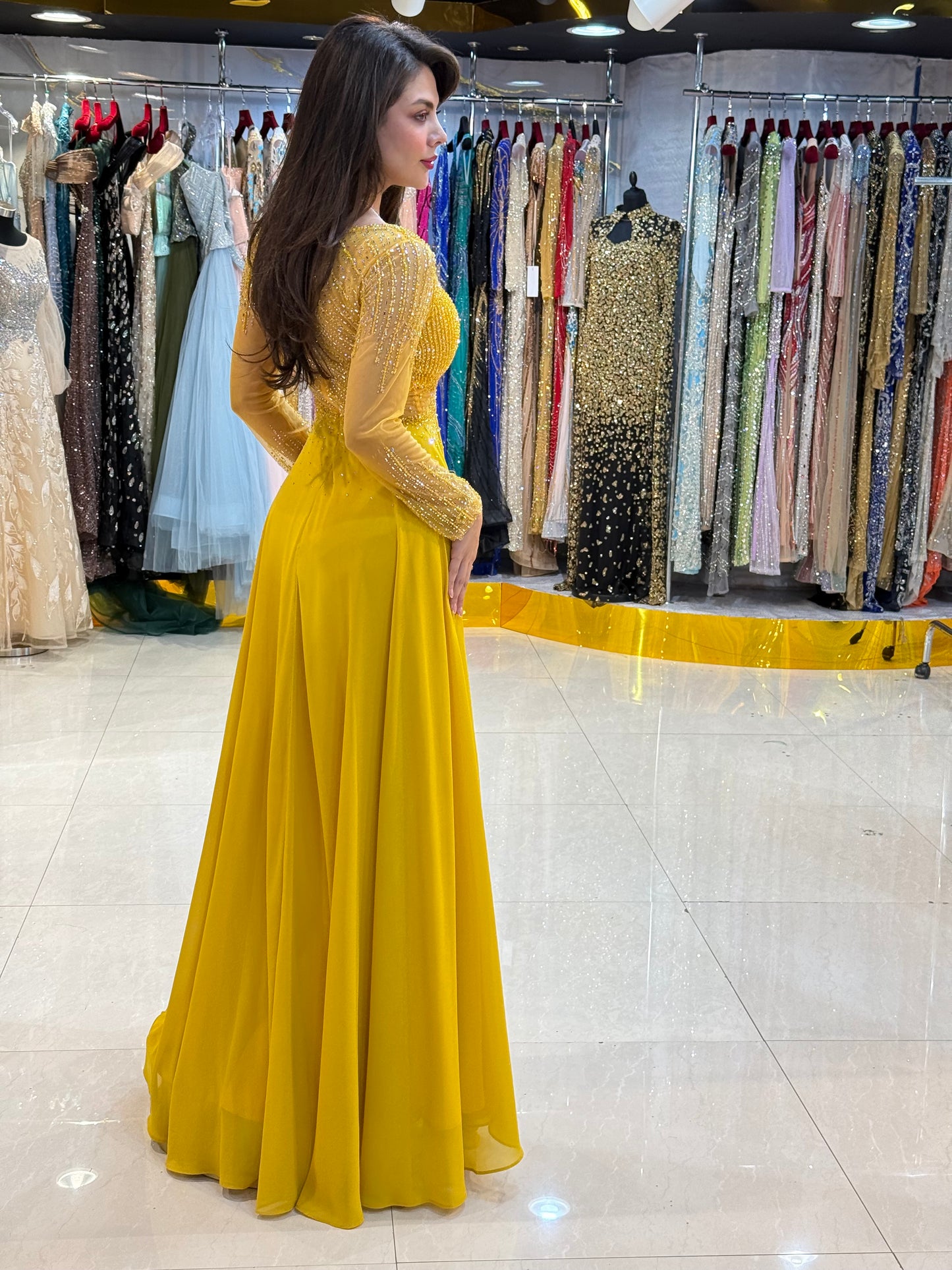Embellished Long Sleeve Evening Gown