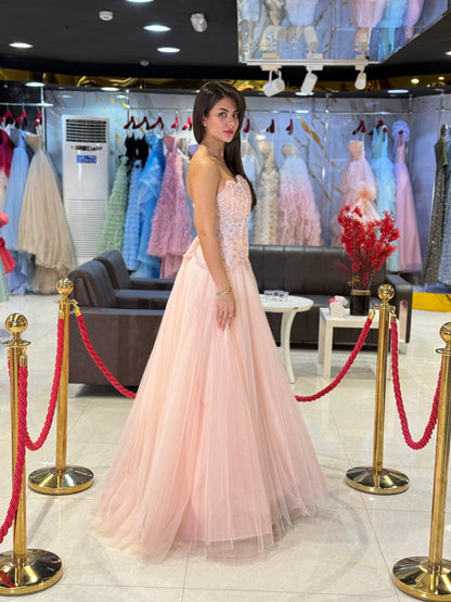 Blush Pink Embellished Tulle Prom Dress