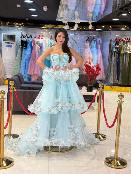 Light Blue Floral Tulle Prom Dress.