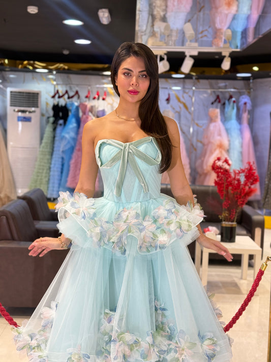 Light Blue Floral Tulle Prom Dress.