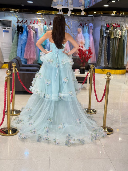 Light Blue Floral Tulle Prom Dress.