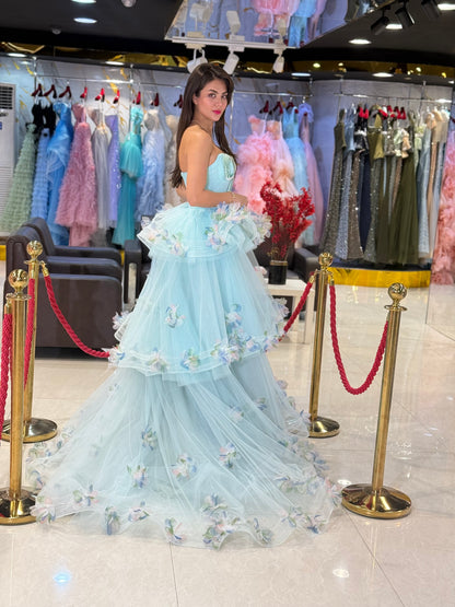 Light Blue Floral Tulle Prom Dress.