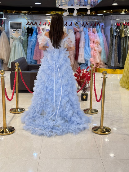 Sky Blue Ruffle Prom Dress.