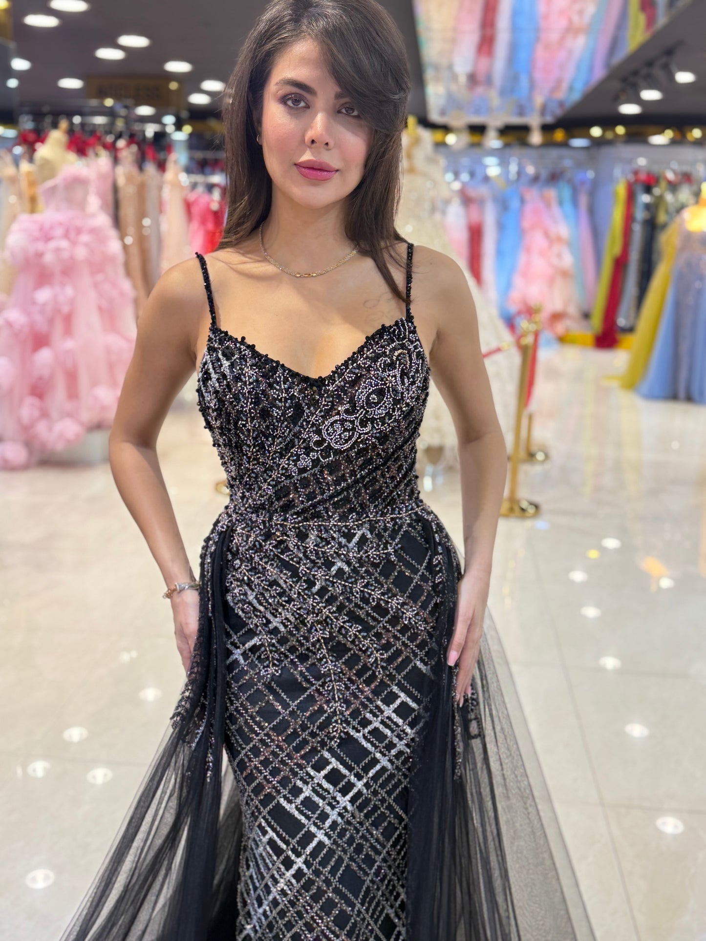 Black Crystal Embellished Evening Gown