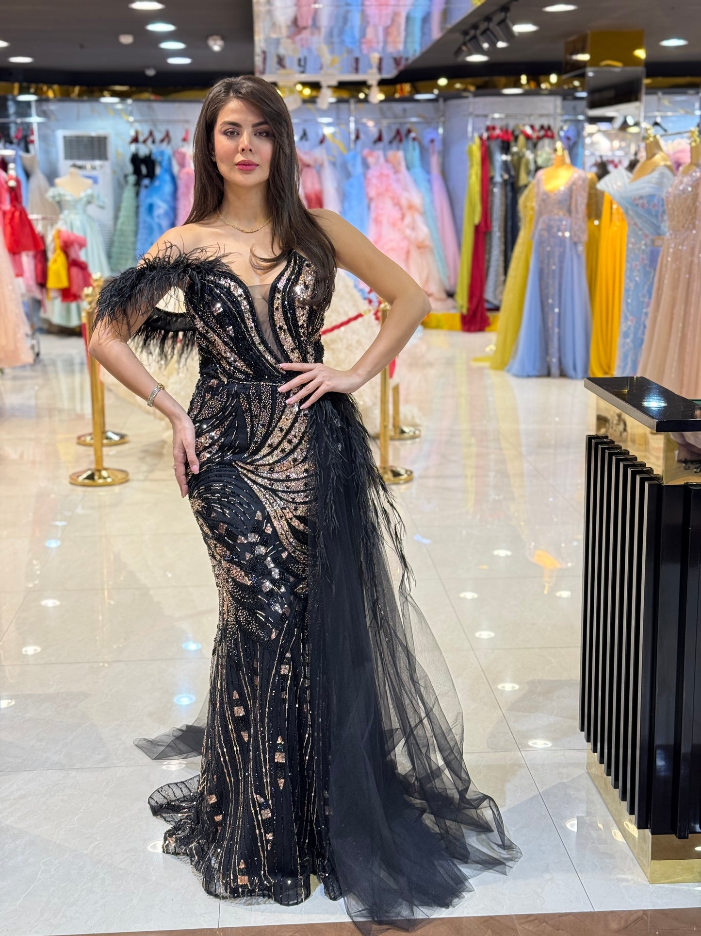 Black Feather Embellished Evening Gown