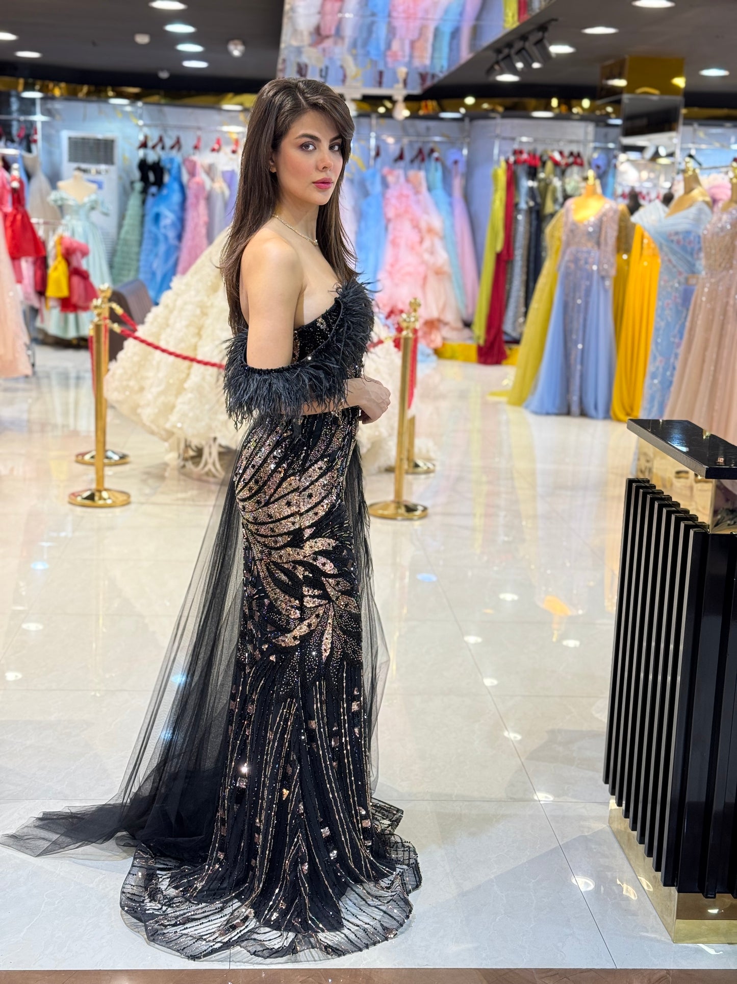 Black Feather Embellished Evening Gown