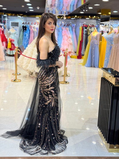 Black Feather Embellished Evening Gown