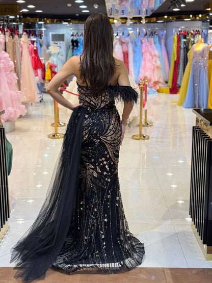 Black Feather Embellished Evening Gown