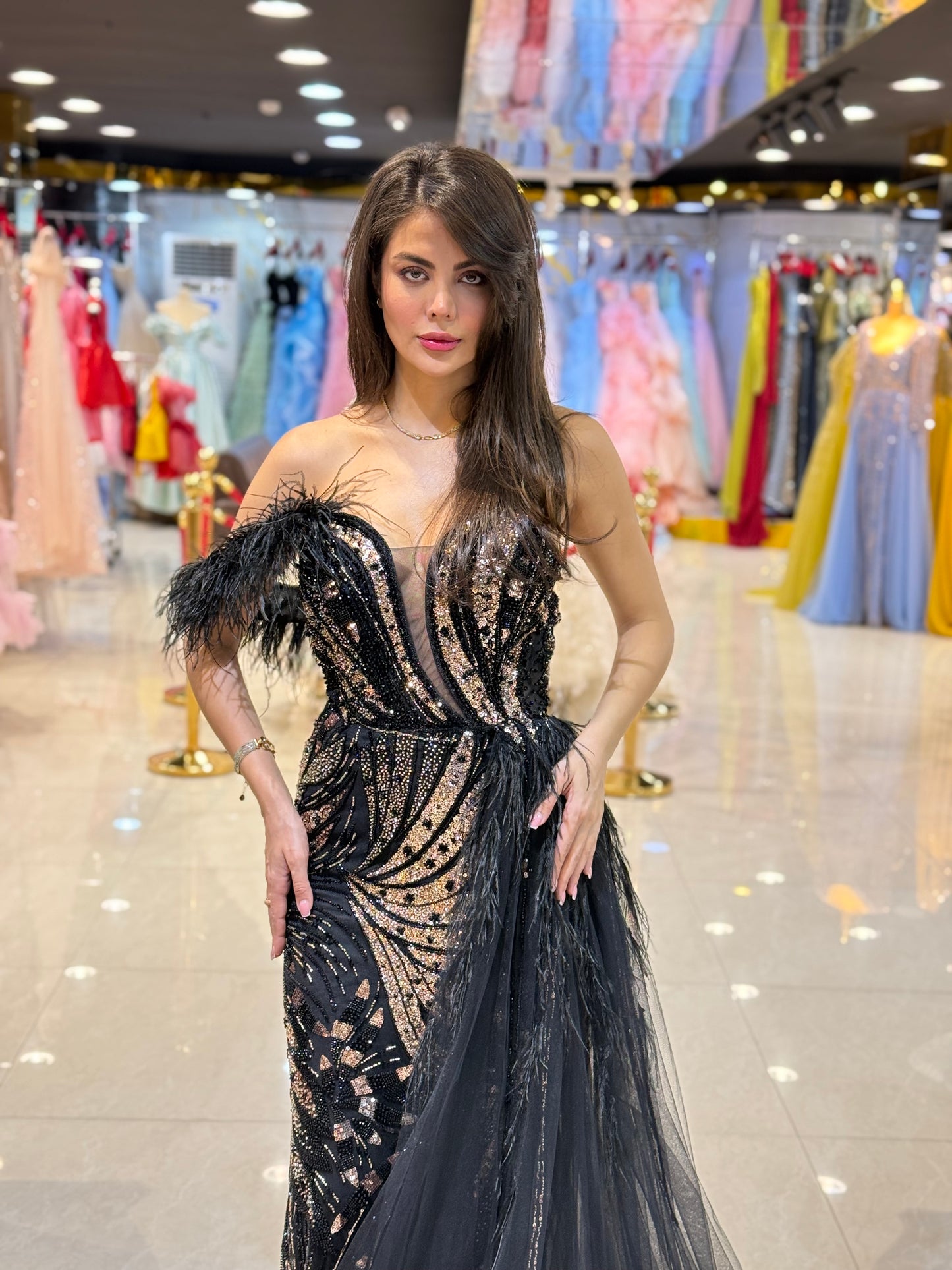 Black Feather Embellished Evening Gown