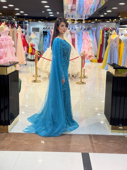 Elegant Beaded Cape Sleeve Evening Gown