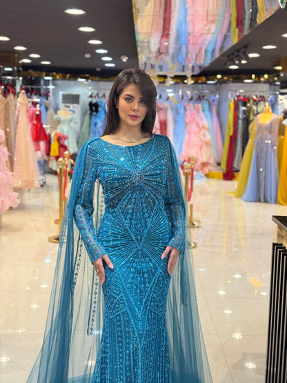 Elegant Beaded Cape Sleeve Evening Gown