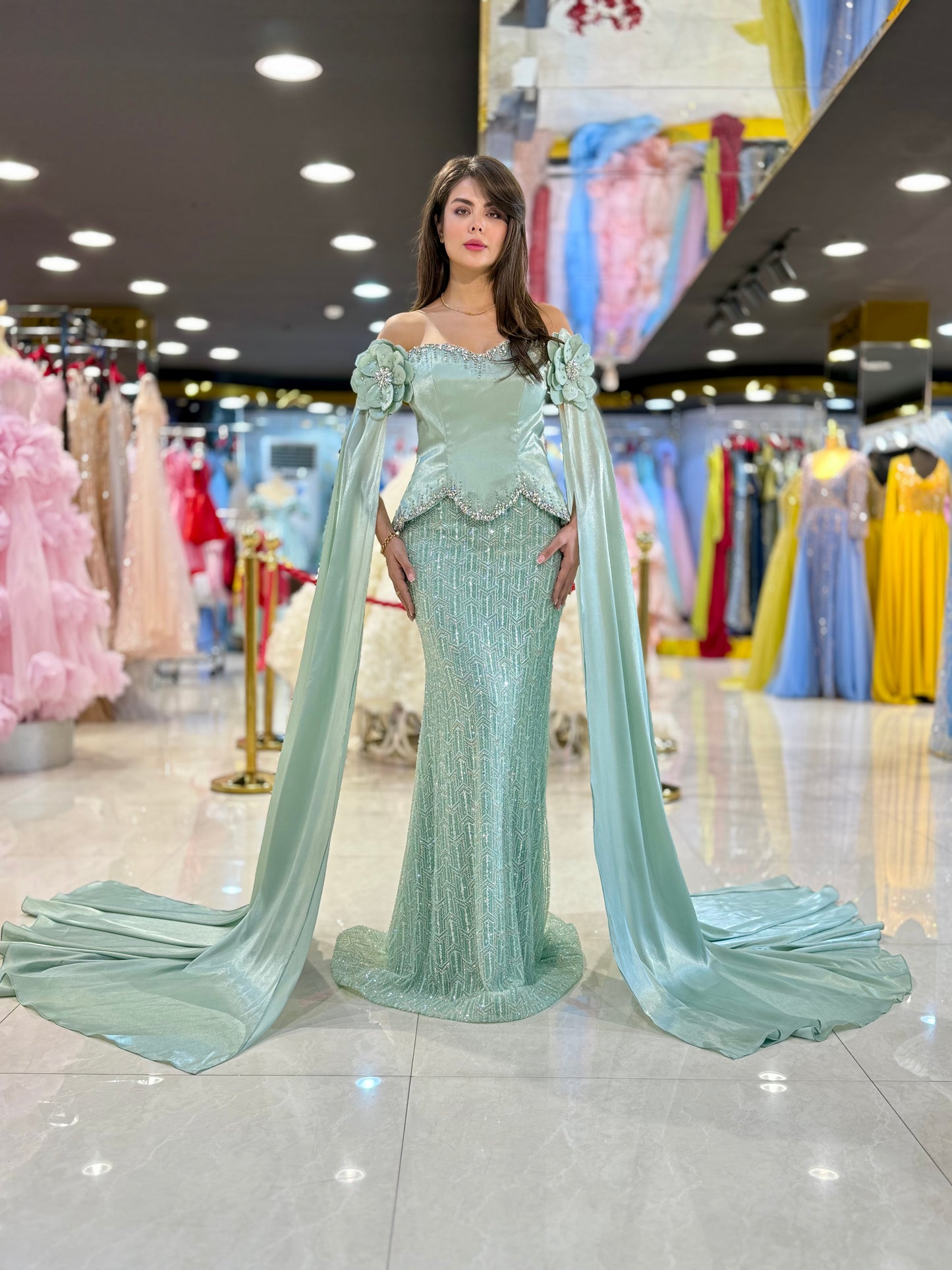 Elegant Off-Shoulder Embellished Evening Gown with Draped Sleeves