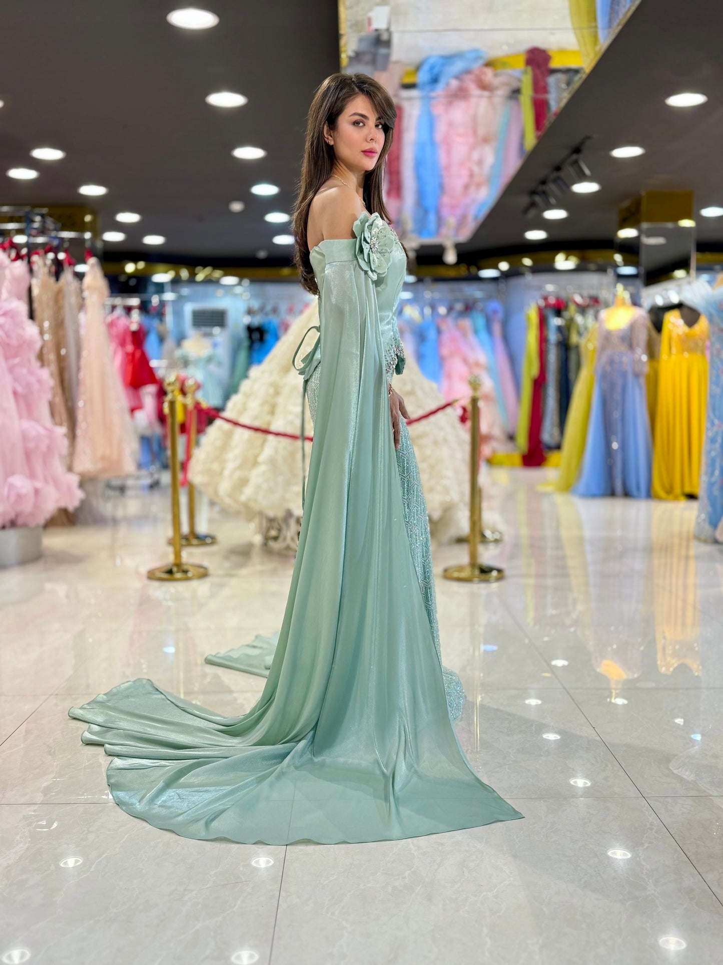 Elegant Off-Shoulder Embellished Evening Gown with Draped Sleeves